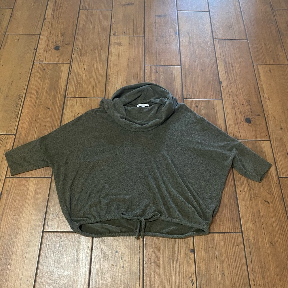 Army Green Poncho Style Cowl Neck Dolman Sleeve Crop Tie Sweater Size XL